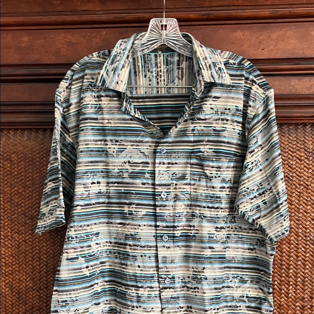 Bugatchi Men's Casual Floral Striped Shirt - Black, Cream, Tan